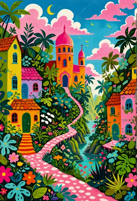 a painting of a colorful city surrounded by trees and plants, jane newland, colorful illustration, beautifully illustrated, colourful jungle, jen bartel, holy city | illustration, colorfull illustration, vibrant gouache painting scenery, detailed gouache p...