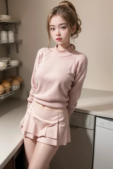 Masterpiece, 1girl, photorealism 1:2, a little women in pink sweater at kitchen , mini skirt, random pose, , alone girl , Standing on the kitchen, Russian girl, ponytail hairstyle, pink lips, medium breast , plump body , full photoshot 