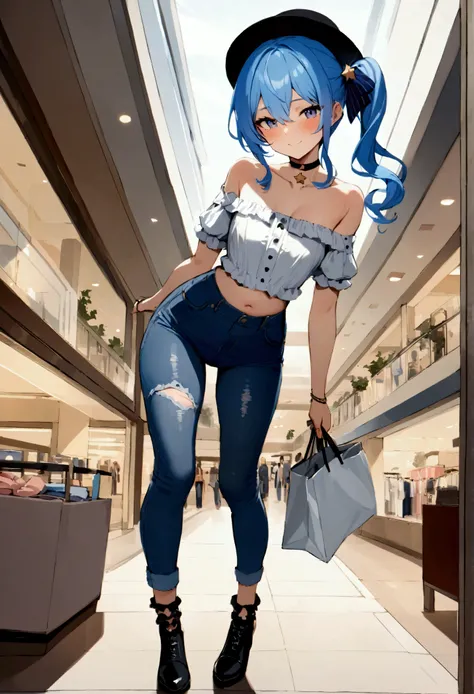 NSFW,masterpiece,Best Quality,High resolution,Very detailed,Star Town Suisei(Hololive),blue eyes,Blue Hair,Choker,Hair between the eyes,Medium Hair,Side Ponytail,スターChoker,Small breasts,Frilled shirt,Off the shoulder,Denim pants,Sandal boots,hat,smile,Shop...