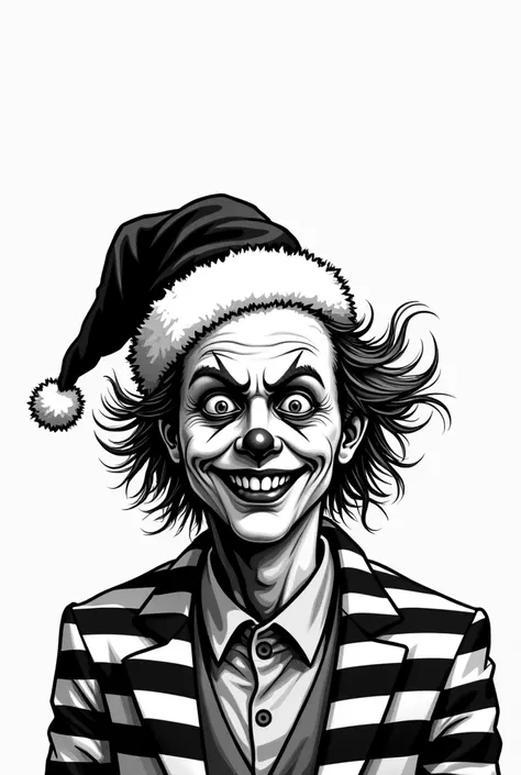 Beetlejuice, michael keton with christmas hat,  comic, black and white, head on