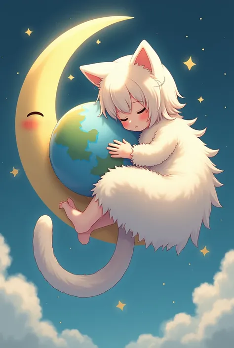 Make a giantess little cute anime girl with cat ears and cat tail and BIG BREAST sleep on earth and moon in her breast