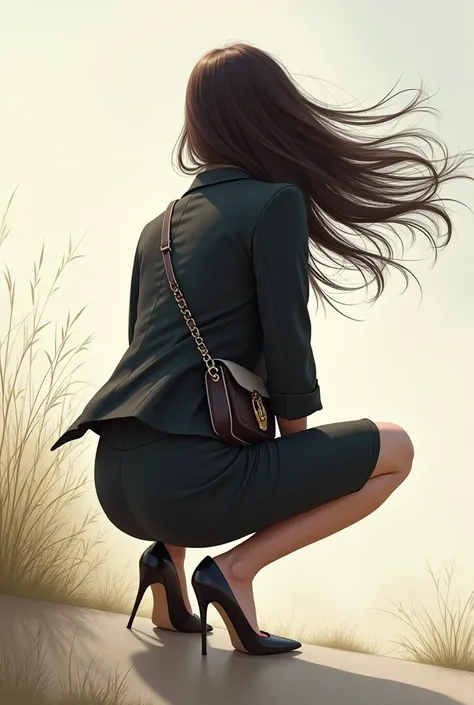 woman is crouch down, jacket, tight skirt, high heels, handbag, long hair sways in the gentle breeze, back shot,