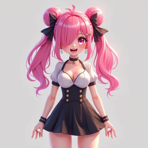 Looking at viewer, Absurdly Long Hair, Pink Hair, Hair Over One Eye, Double Bun, Large breasts, Earrings, Blush, Teeth, Fangs, Makeup, Hair Ribbon, Hair Bow, Black Mini Skirt, Black High Heels, Nervous, Standing,