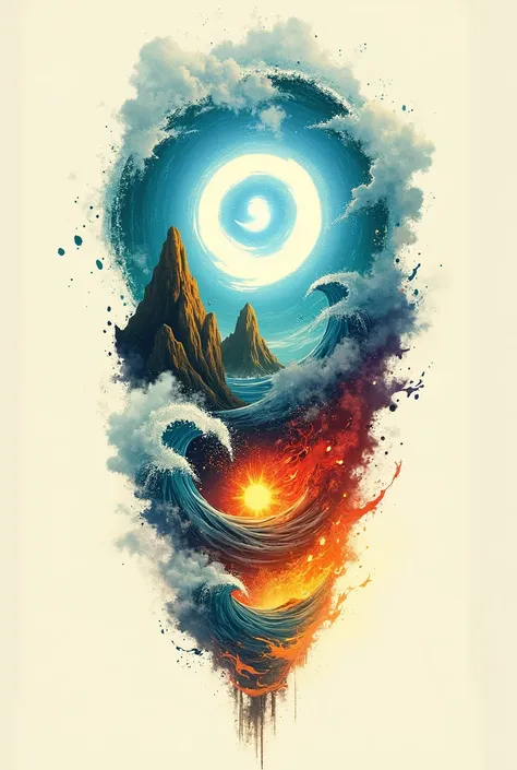 Avatar the Last Airbender tattoo design:
center: Aang&#39;s symbol (the air) In the middle, in a light blue tone.
Water: Waves in a vibrant blue to one side, with white details.
land: Mountains or rocks in brown and green tones, with shadows to give it dep...