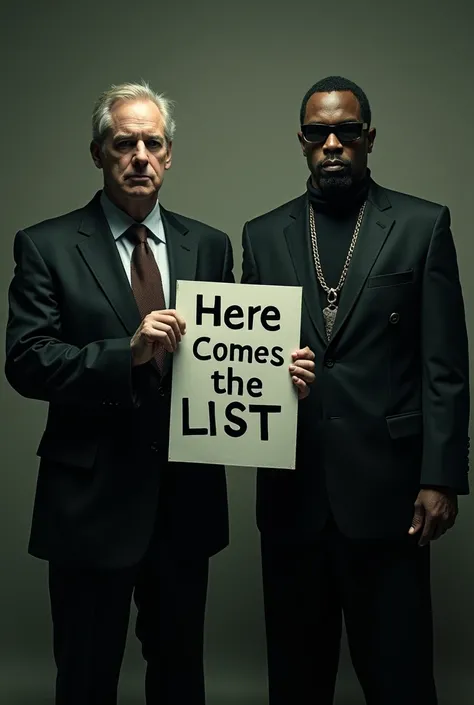 Jeffery Epstein and P Diddy standing together holding a sign that reads, Here comes the List