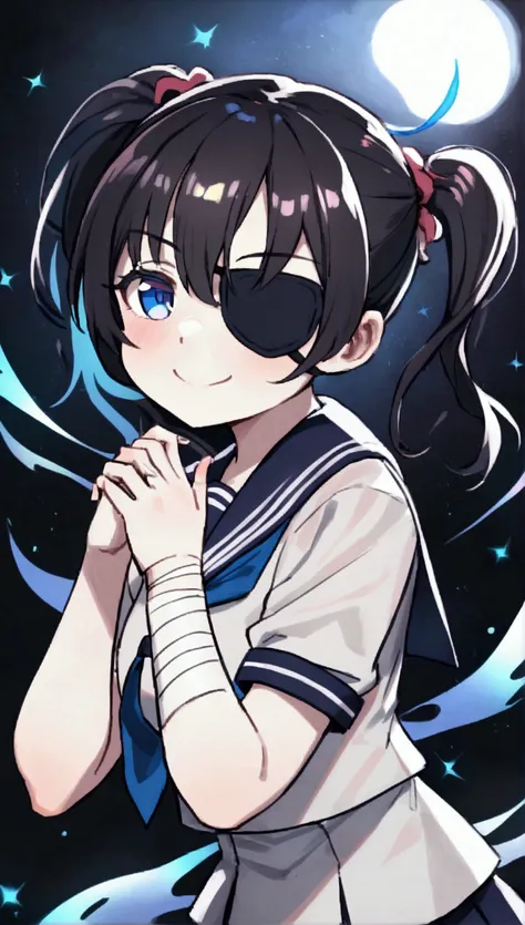 １Junior High School Girl(, Black Hair, Short, cute), Sailor suit, Eyepatch on left eye, Right arm bandaged, A bit disappointing, A slightly unusual look, Creepy Smile, Blue flame from the right hand(Not hot, Illusion), Flashy Effects, Flying sparks, Brush ...