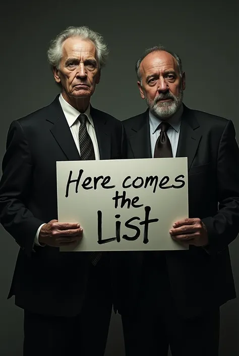 Jeffery Epstein and P Diddy standing together holding a sign that reads, Here comes the List