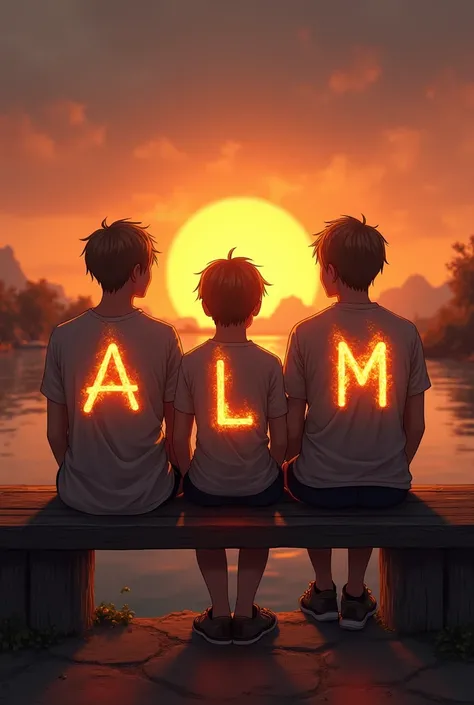 A picture of three adult boys sitting on a bridge in sunset alone each boy having ,A on a boy, L on another boy M on another each letter having fire affect
