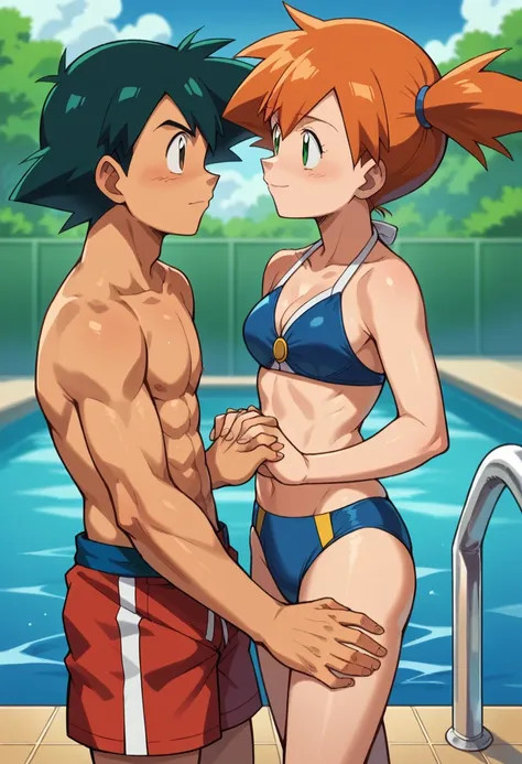 1boy, ash ketchum, black hair, brown eyes, hair between eyes, ash ketchum, open shirt, short sleeves, shirtless, male swimwear, ...