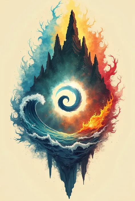 Avatar the Last Airbender tattoo design:
center: Aang&#39;s symbol (the air) In the middle, in a light blue tone.
Water: Waves in a vibrant blue to one side, with white details.
land: Mountains or rocks in brown and green tones, with shadows to give it dep...