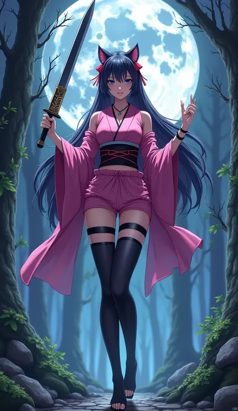 Please draw an anime about the tiger girl god of war。In the background, the moon can be seen in an otherworldly night forest.。Please draw the face as Japanese and shy.。Please wear a kimono, a mini skirt and black pantyhose.。Please draw her tall, model-like...