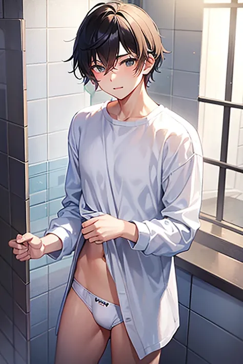 a teenage boy in a shower room, wearing a white long sleeve shirt and white bikini briefs,