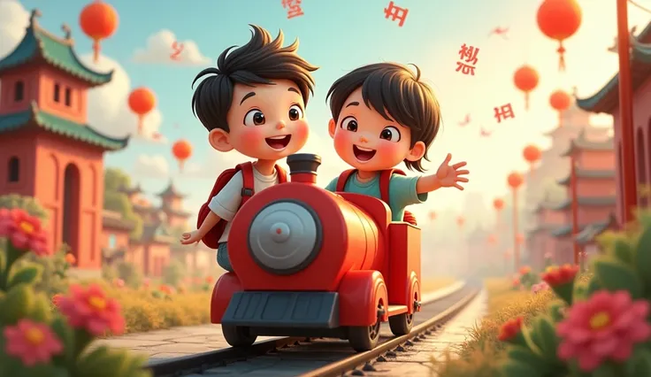 Two boys,A girl,Sitting on a toy train,The train moves forward,The surrounding environment is full of Chinese Pinyin, Carrying a school bag, Happy, To see the whole train,Perfect quality, Clear focus