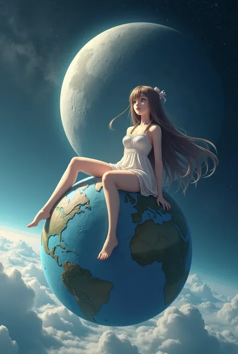 Make a giantess little cute anime girl sit on the earth and moon in her boob