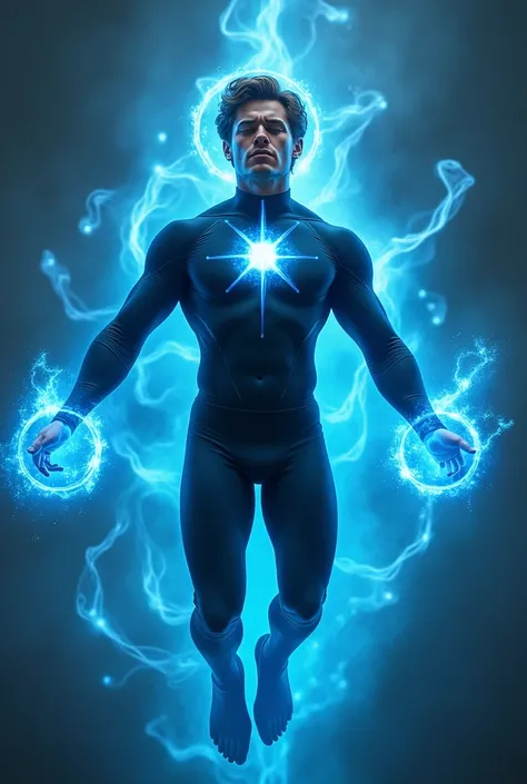 Brown haired man with closed eyes and blue telekinesis earrings, blue energy fluttering all around him, Full body tight black clothing with a radiant star on her chest, floating in the air realistic