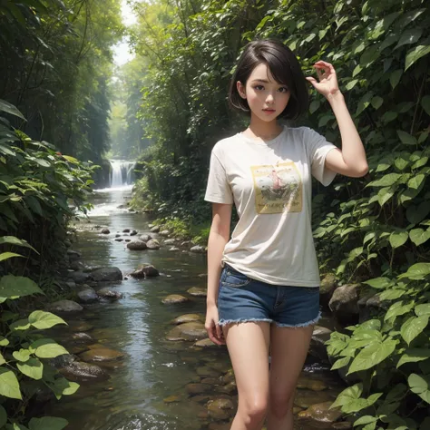 A cute girl with short hair, wearing a cream-colored T-shirt and blue shorts, standing in a stream, vines, dim light.