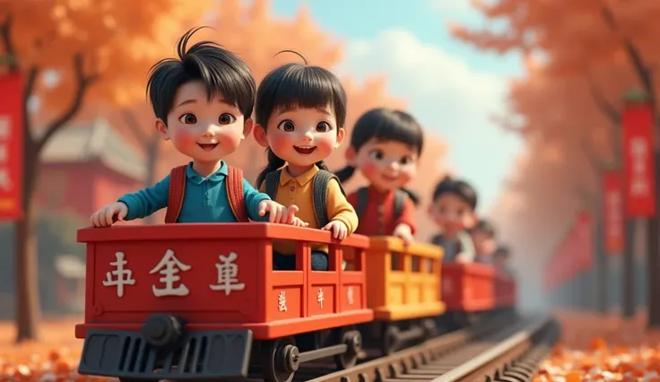 Two boys,A girl,Sitting on a toy train,The train moves forward,The surrounding environment is full of Chinese Pinyin, Carrying a school bag, Happy, To see the whole train,Perfect quality, Clear focus (Clutter - Home: 0.8), (masterpiece: 1.2) (Practical: 1....