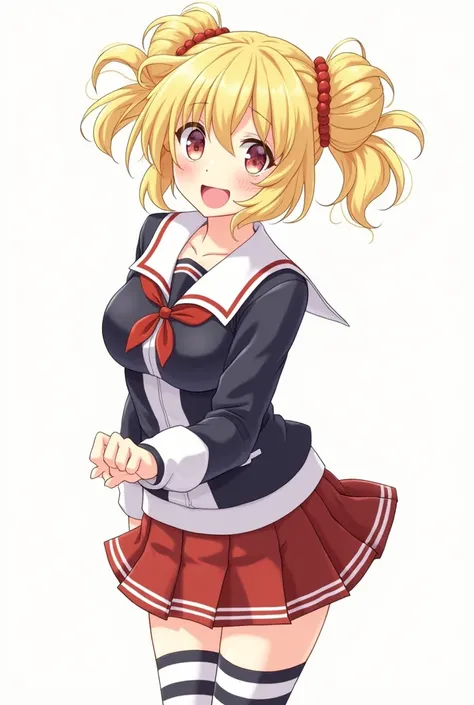 Create a realistic illustration of Himiko Toga from My Hero Academia. She should have her signature school uniform with a sailor-style collar, a pleated skirt, and knee-high socks. Her hair should be blonde, styled in messy twin buns with loose strands fra...