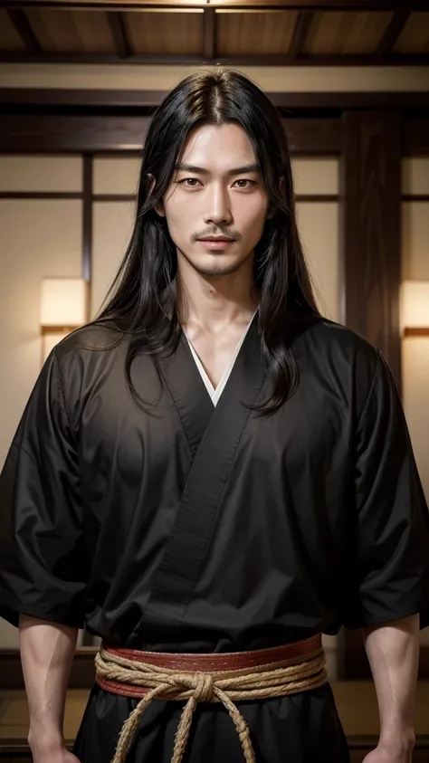 Oda Nobunaga, a tall and handsome warrior with a chiseled face and long black hair, shakes hands with a European missionary in a grand Japanese hall. His confident smile and relaxed posture reflect his strength and open-mindedness. The hall is beautifully ...