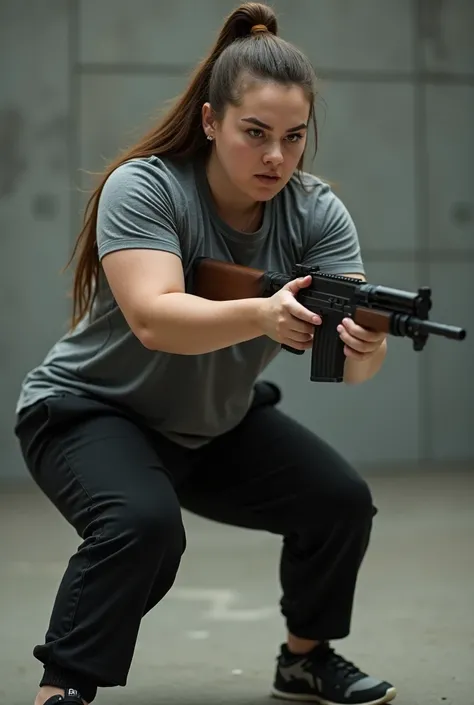 woman, brown long hair into a bun, grey eyes, pale skin, plus size body, wear a grey top, black sweatpants and sneakers, weapon training