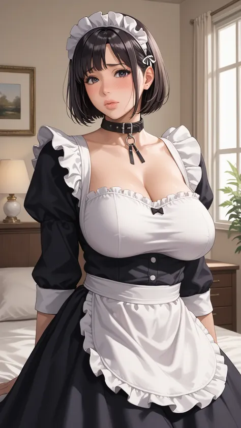 (1girl:1.3), Masterpiece, Best quality, amazing beauty, 4K, absurdres, finely detail, super detailed eye, perfect anatomy, official art, cinematic lighting, BREAK, bedroom, silky bob cut, black hair, super shiny detailed black eye, tareme, plump lips, coll...