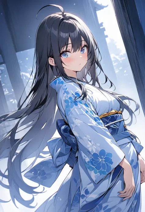 Blue Theme、Best Quality、Lower Angle、One Girl、kimono、Black Hair、Long Hair、Ahoge、Blue Eyes、