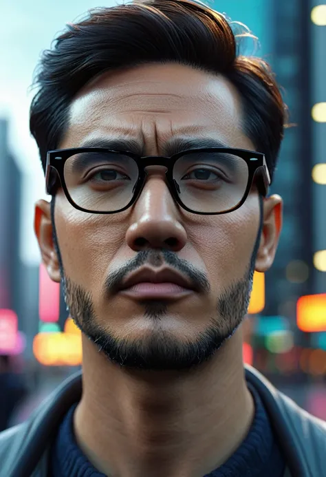 there is a man with glasses on standing in front of a city, cinematic realistic portrait, highly detailed vfx portrait, 8k portrait render, 3d character realistic, ultra detailed portrait, photorealistic artstyle, highly detailed vfx portrait of, pouty loo...