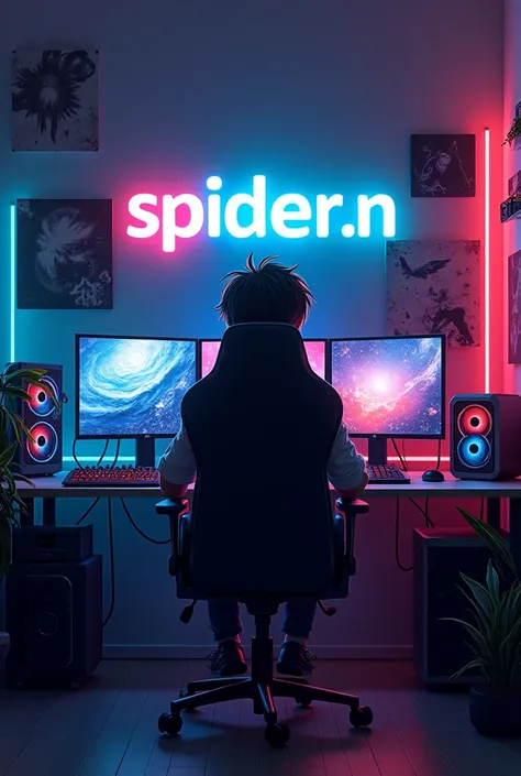 A modern coding room with an anime aesthetic, where an 1 highly realistic anime boy is sitting in a comfortable gaming chair. The room is filled with gaming gear like monitors, a PC, and colorful LED lighting. At the top of the picture, the name SPIDER N i...