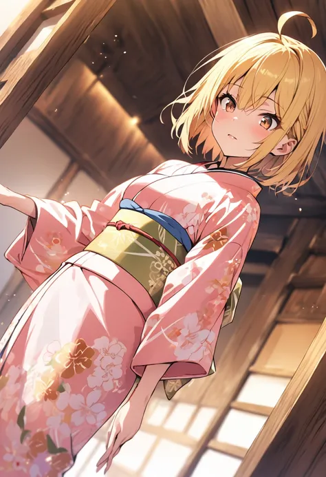 Best Quality、Lower Angle、One Girl、kimono、Yellow Hair、Short Hair、Ahoge、Brown eyes、