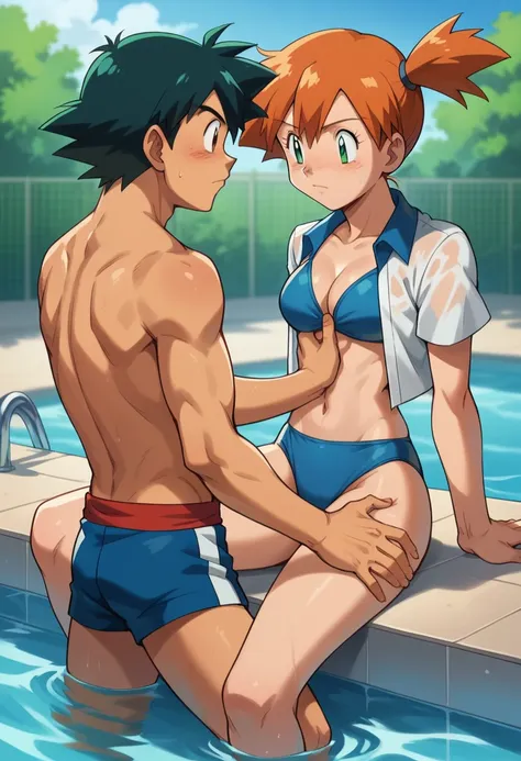 1boy, ash ketchum, black hair, brown eyes, hair between eyes, ash ketchum, open shirt, short sleeves, shirtless, male swimwear, ...