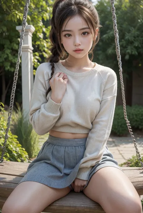 Masterpiece, 1girl, photorealism 1:2, a little women in sweater at garden , mini skirt, random pose, , alone girl , sitting on the swing , arabian girl, ponytail hairstyle, small breast , plump body , full photoshot 