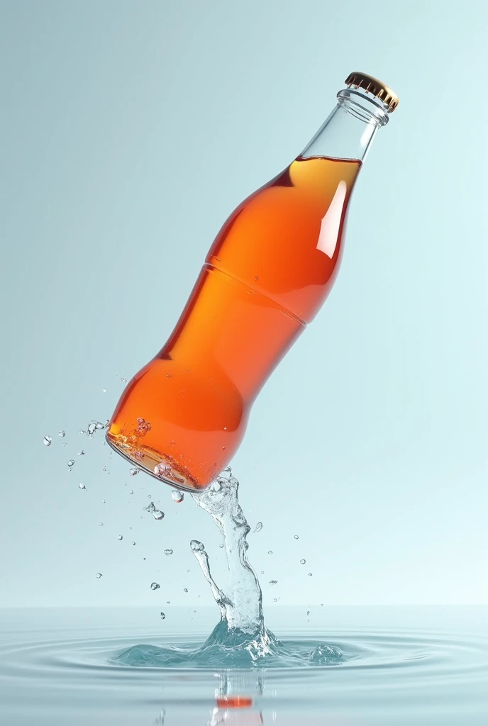 Soda bottle with water tilted 90 degrees and water flowing out without human hands.