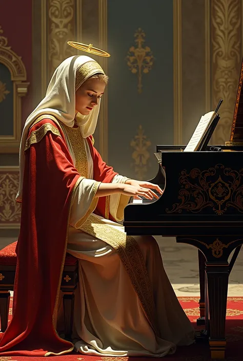 Draw Saint Thela of Iconium, sitting at a grand piano