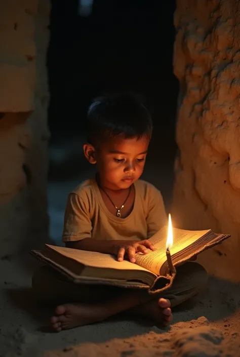 The camera opens with a slow, smooth dolly-in shot toward a small Indian boy seated on the dirt floor of an old, weathered hut. The scene is lit softly by the flickering light of an oil lamp, casting warm, golden hues that dance across the cracked walls an...