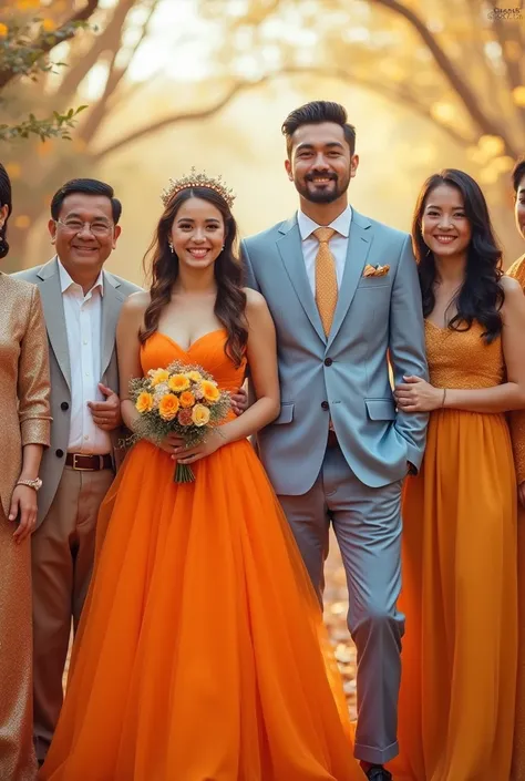 .The bride is dressed in orange. The groom is dressed in light blue. And the family members stand in golden color dress. A group photo of this kind
