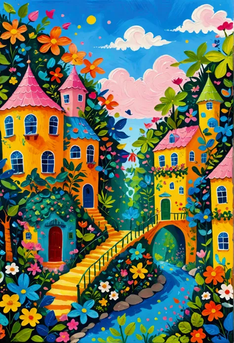 a painting of a colorful city surrounded by trees and plants, jane newland, colorful illustration, beautifully illustrated, colo...