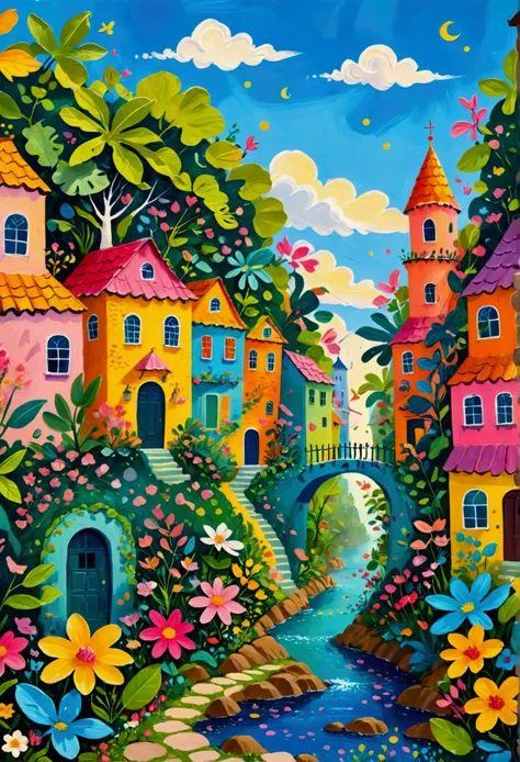 a painting of a colorful city surrounded by trees and plants, jane newland, colorful illustration, beautifully illustrated, colo...