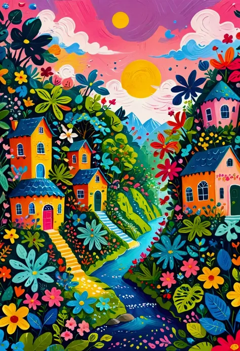 a painting of a colorful city surrounded by trees and plants, jane newland, colorful illustration, beautifully illustrated, colo...