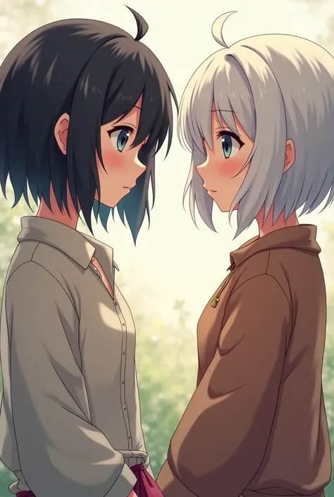 anime girl short black hair hippie style and the second anime girl with short white hair hippie style in long sleeve shirts looking at the camera magic
