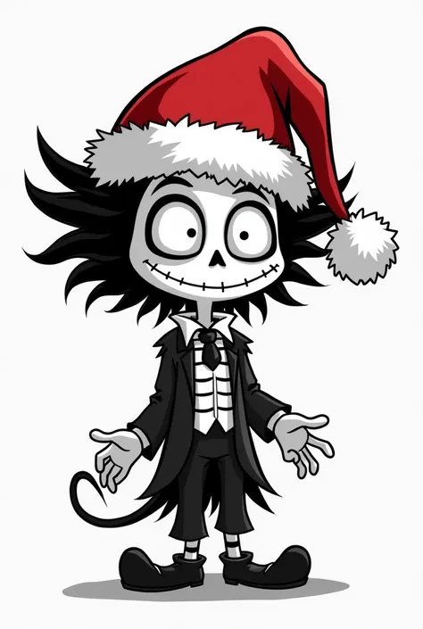 beetlejuice with christmas hat. Michael keto black and white , cartoon, looking ahead, mid body