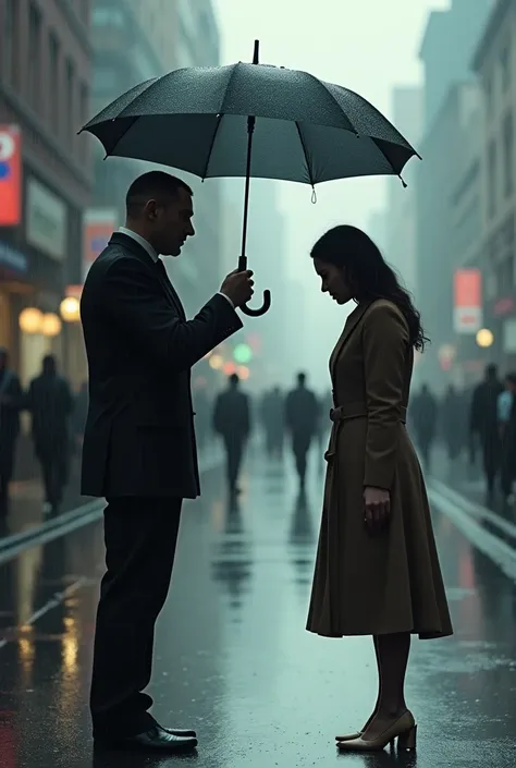 a man is giving an umbrella to a woman who is sad from behind