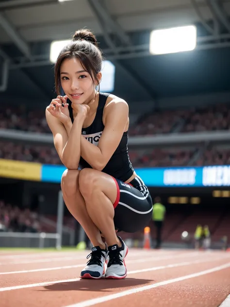 
"Create an image of a female sprinter in the crouched start position, waiting for the signal to begin a 200m race. She should be looking straight ahead along the track, focused and determined. The perspective should be from the front, at her eye level, ca...