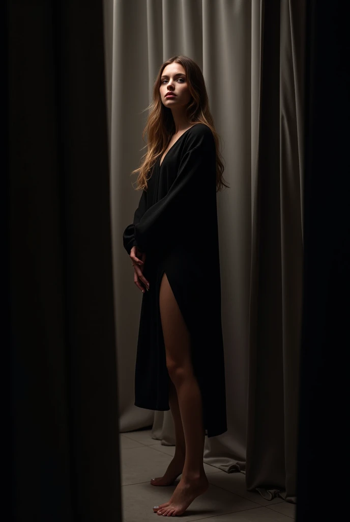 a young female model standing behind a soft, flowing curtain in the dim backstage light. Shes in the midst of the pre-show hustle, focused, yet calm, while quietly practicing her poses. Her long hair is perfectly styled, cascading over her shoulders, and h...