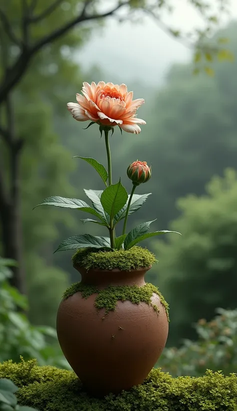 8K, high quality, real, a withered flower in a garden at the bottom of the garden, moss-covered terra cotta vase. have a shade of trees with a cloudy sky