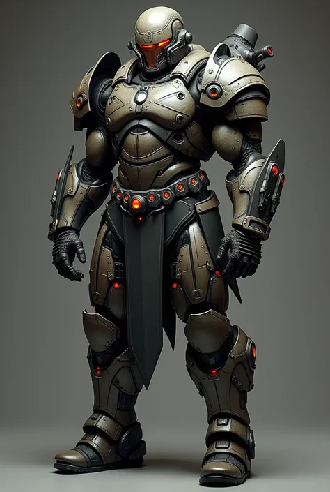 Make armor using the doom guy suit, to the predator and assassins creed and that has the swords of chaos of kratos and that has a turret and two rear missile launchers and on each arm shooting gauntlets