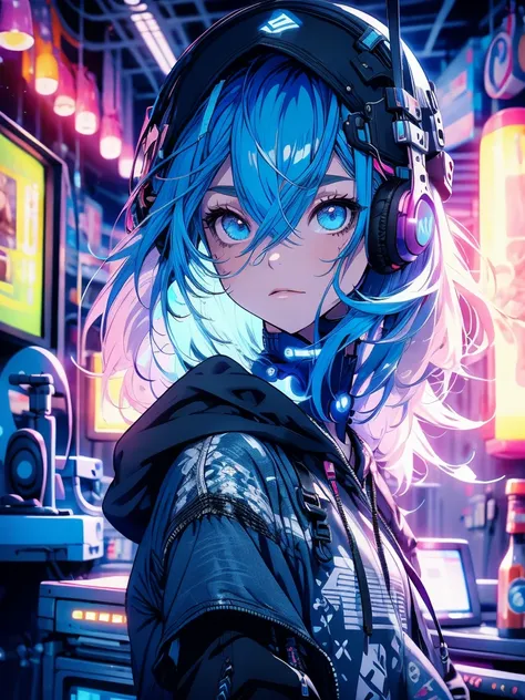 Blue-haired girl, hoodie, headphones, neon lights, bedroom