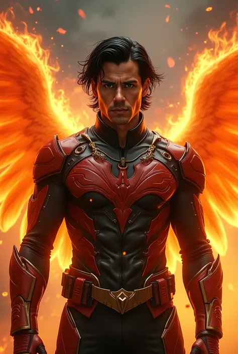 Black haired man brown eyes hero costume and phoenix fire around him realistic
