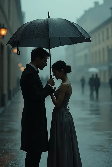 A handsome man is holding an umbrella to cover a woman in front of him who is sad and the woman is looking forward without seeing him