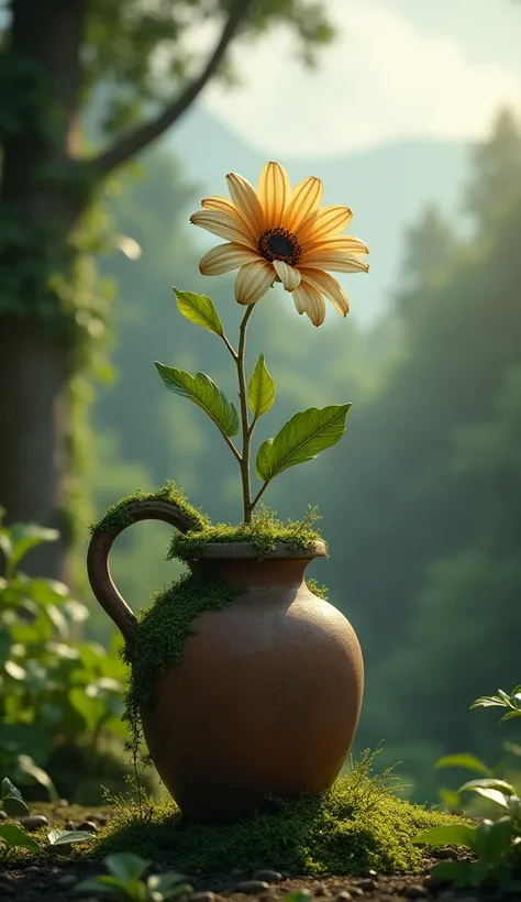 8K, high quality, real, a withered flower in a garden at the bottom of the garden, moss-covered terra cotta vase. have a shade of trees with a cloudy sky