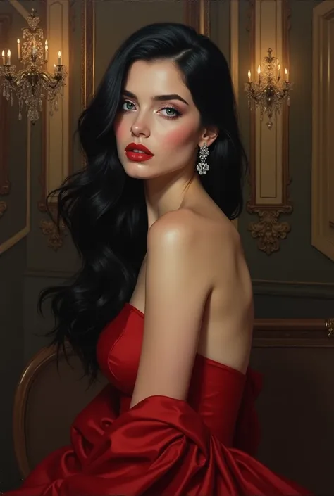 realistic oil painting, beautiful woman with European features, long jet black hair, bright intense blue eyes, reddish lips, Porcelain white skin with rosy cheeks wearing a red evening dress against the background of an elegant party hall without illuminat...